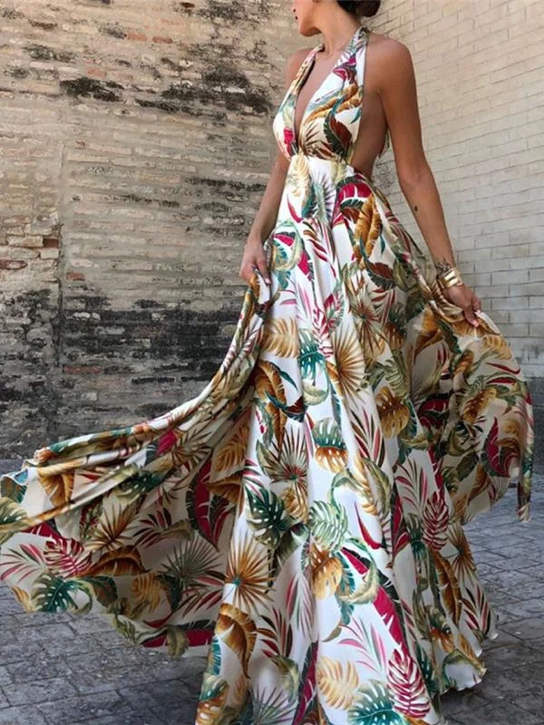 Sexy Sleeveless Printed Lace Halter Long Dress Lace Dress Glamorous