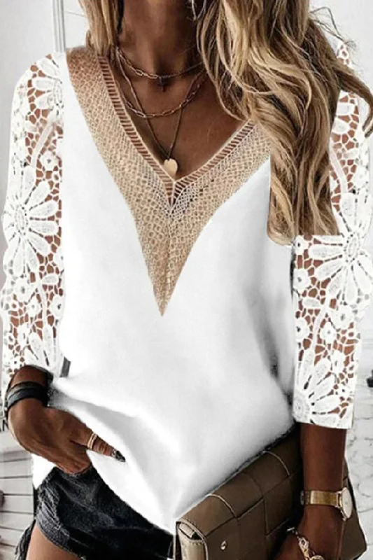 Pbong - White Sweet Elegant Solid Lace Hollowed Out Patchwork Pullovers V Neck Tops Lace Dress Design