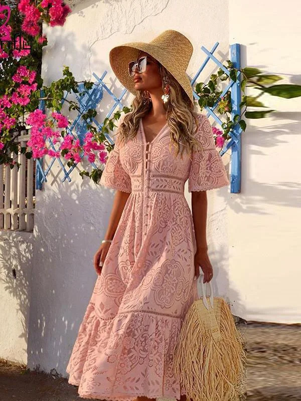 Women Sweet V Neck Hollow Out Single-Breasted Lace Long Elegant Summer Beach Style Holiday Solid Streetwear Dress Lace Dress Set