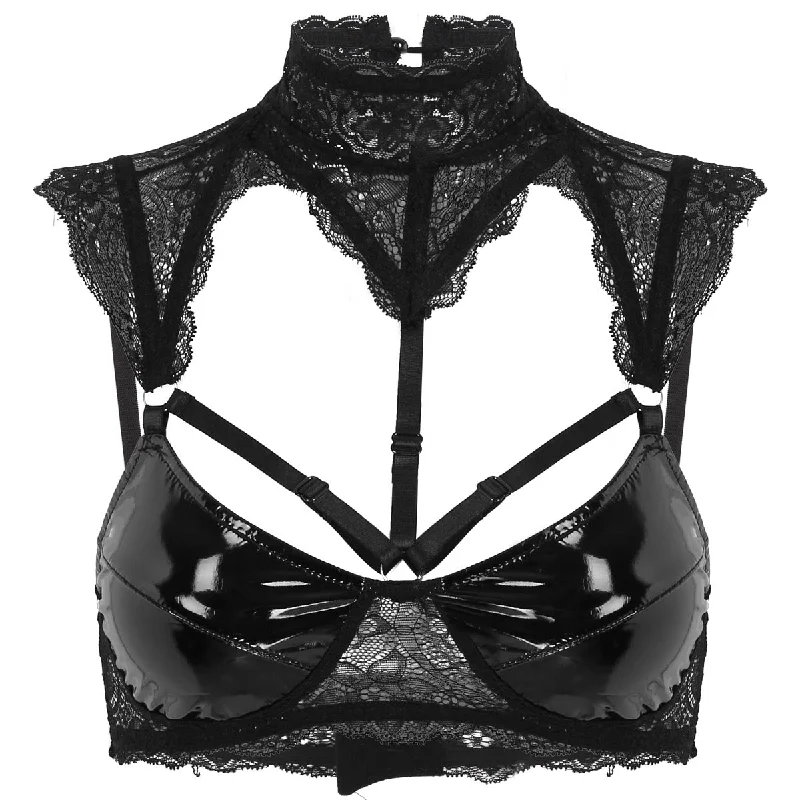 Womens Erotic Sheer Lace Lingerie Sexy Bra Intimates Halter Neck Patent Leather Cups Hollow Out Wire-free Unlined Bra Crop Tops Light Lace Dress