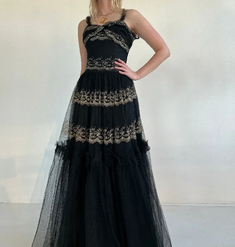 1950's Black Tulle Gown and Cream Embroidery Tulle Dress Party