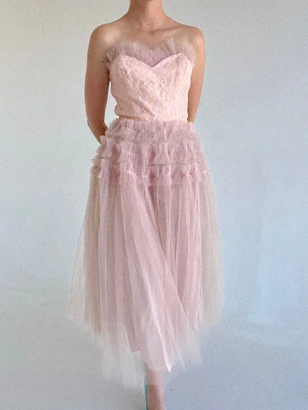 1950's Pink Tulle Strapless Party Dress Sequin Tulle Dress