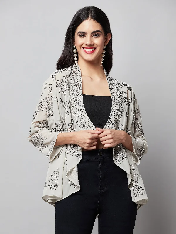 Attic Curves Pale Grey Shrug With Sequin Work Ruffled Sequin Dress