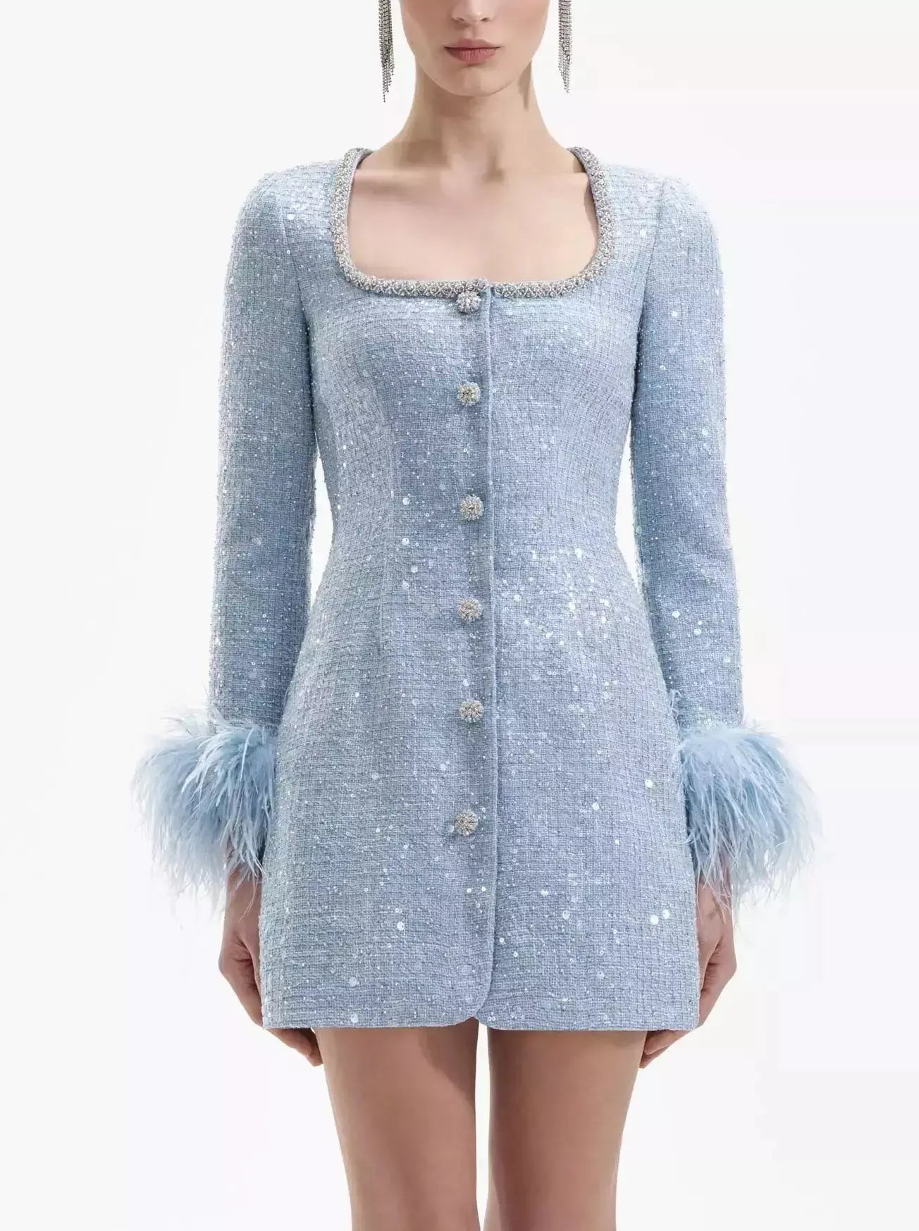 Blue Boucle Sequin Dress with Feather Trim Sequin Dress Fit