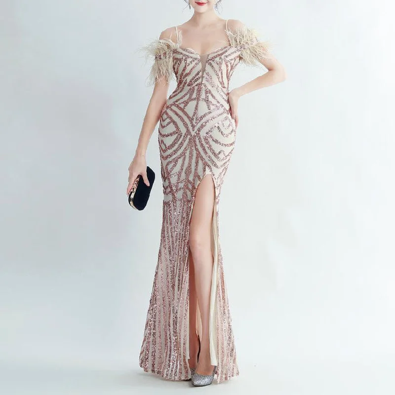 Bonnie Feathered Off Shoulder Pattern Sequined Dress Gold Sequin Dress