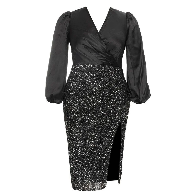 Brielle Neck Lantern Sleeve Knot Side Sequin Dress Sequin Dress Trendy