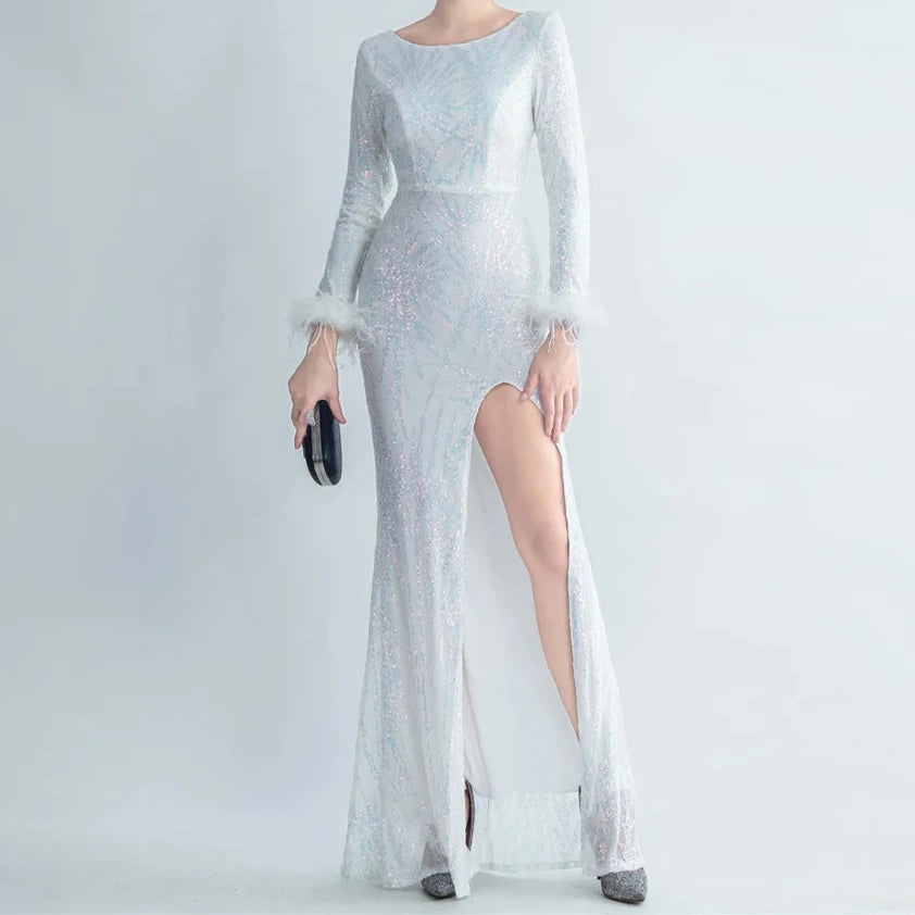 Charlotte  Sequin Long Sleeve Slit Evening Dress Sequin Shift Gown