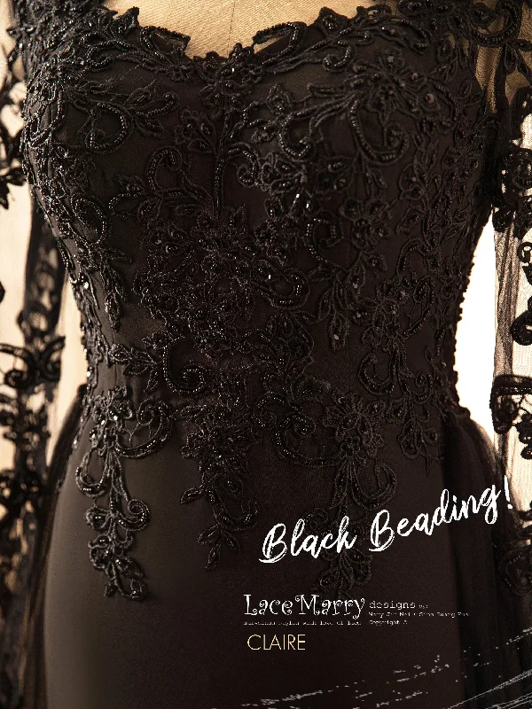 CLAIRE / Elegant Black Wedding Dress with Removable Tulle Train Long Sleeve Tulle