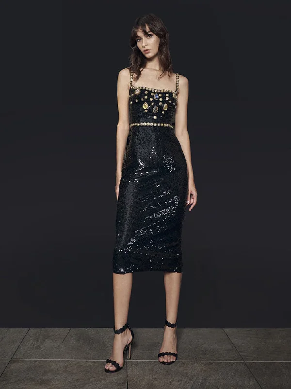 Crystal Sequined Square Collar Spaghetti Strap Dress Sequin Dress Vibe