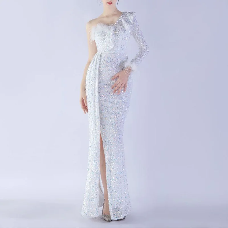 Ginny One Shoulder Feather Sequined Dress Elegant Sequin Gown