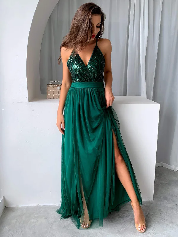 JOYFUNEAR SEQUIN BODICE BACKLESS MESH CAMI PROM DRESS Bright Sequin Dress