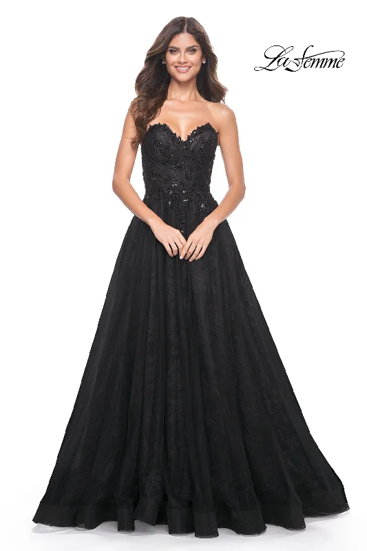 La Femme 31954 Sweetheart Neckline Lace up Back High Slit Beaded/Tulle/Lace A-Line Evening Dress Tulle Skirt Dress