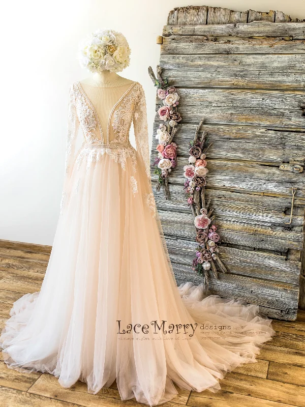 Ombre Wedding Dress in Nude Tulle and Ivory Applique Tulle Dress Simple