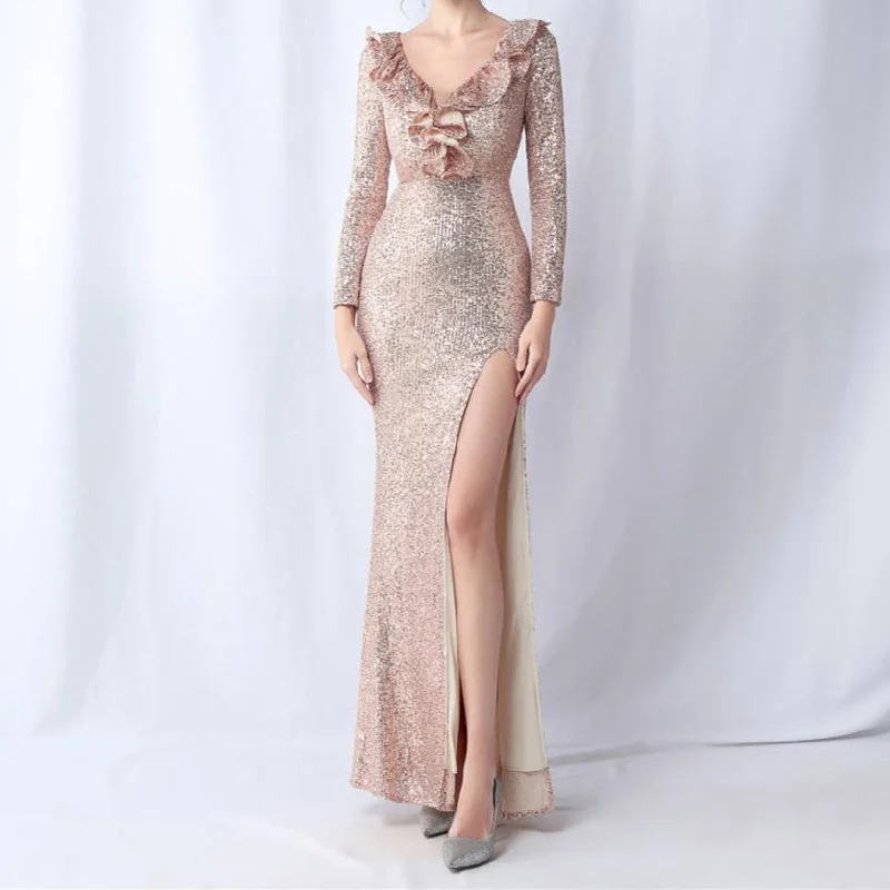 Therese Ruffled Long Sleeve Sequins Dress Sequin Fit Dress