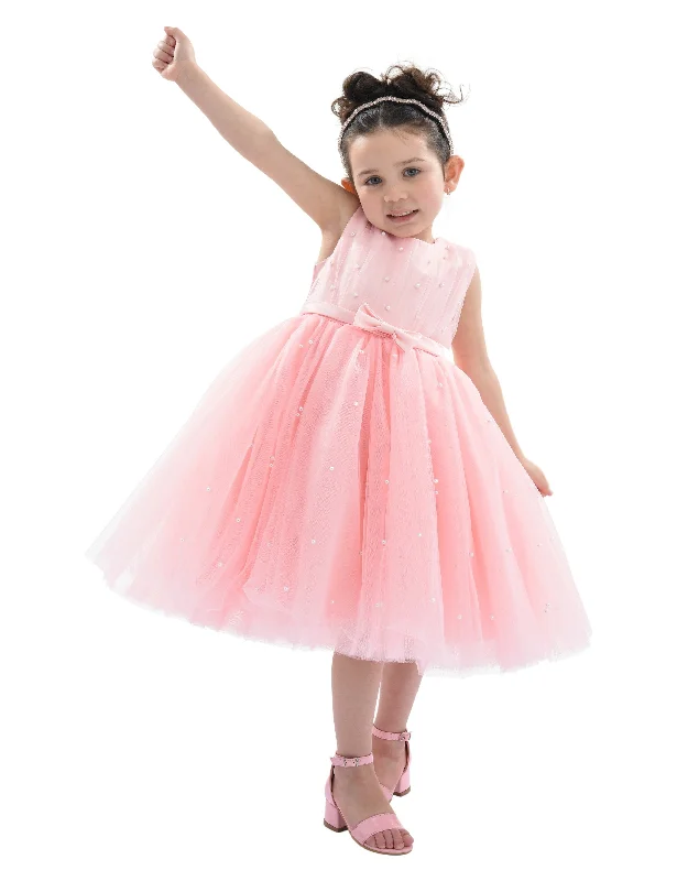 Pink Pearl Bow Tulle Dress Ruffled Tulle Gown