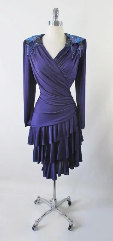 Vintage 70's Purple Jersey Layered Sequins Party Dress L Sequin Dress Long