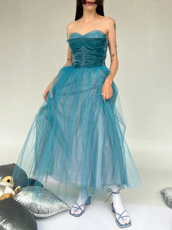 Blue Tulle Velvet Dress (M) Tulle Party Dress