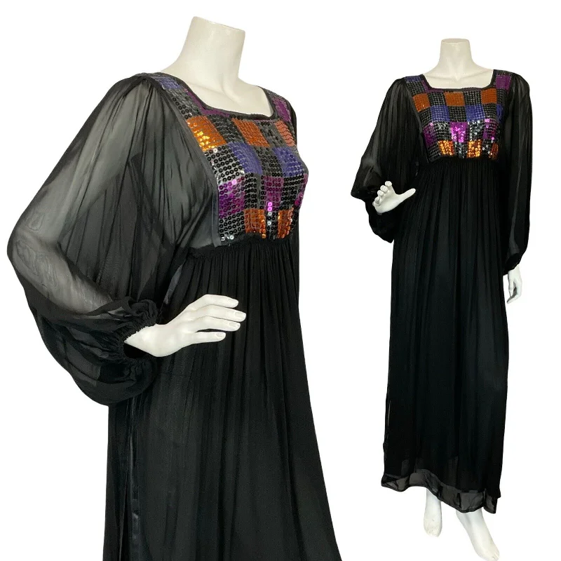 VTG 70S DISCO MESH BLACK PURPLE ORANGE SEQUIN BATWING FLOATY PARTY DRESS 6 8 Flared Sequin Dress