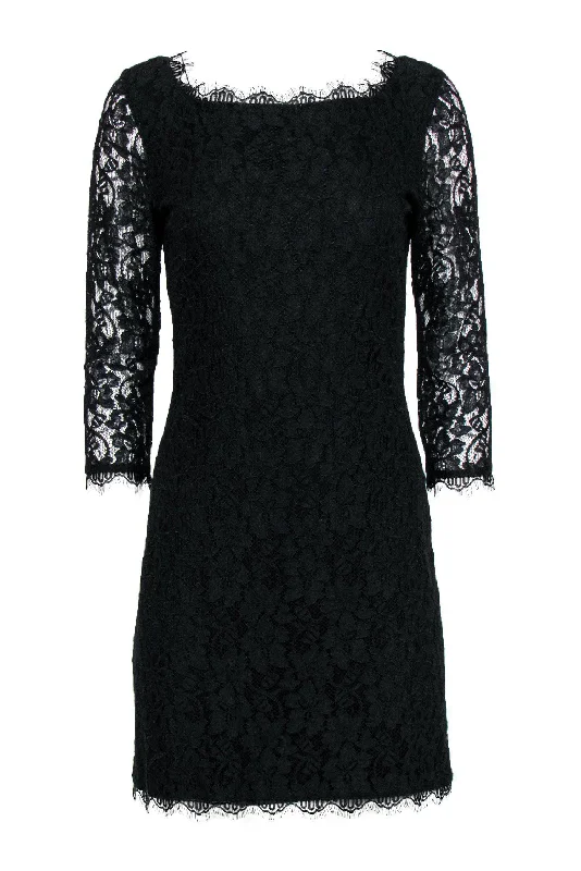 Diane von Furstenberg - Black Floral Lace "Zarita" Bodycon Dress Sz 8 Flirty Bodycon Dress