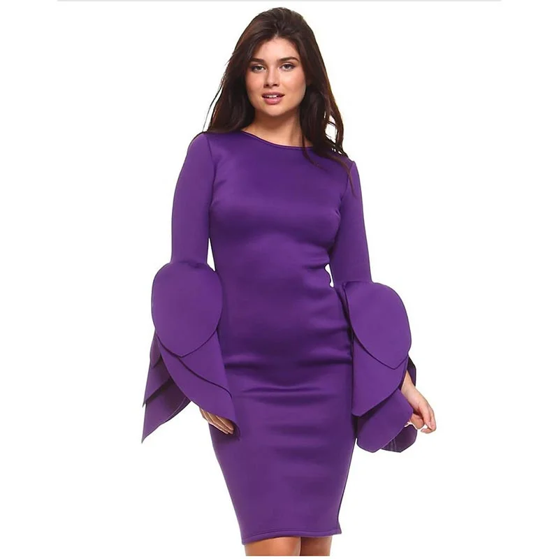 Exaggerated Round Neck Long Sleeve Knee Length Bodycon Dress #Round Neck #Plain #Unique Flower Cuffs Fitted Mini Bodycon