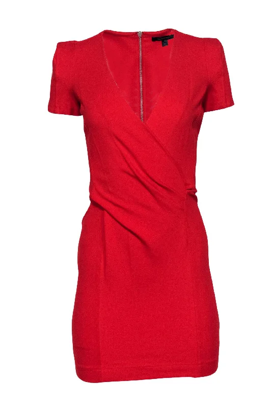 French Connection - Red Plunge Bodycon Dress w/ Gathered Waist Sz 6 Bodycon Dress Sleek