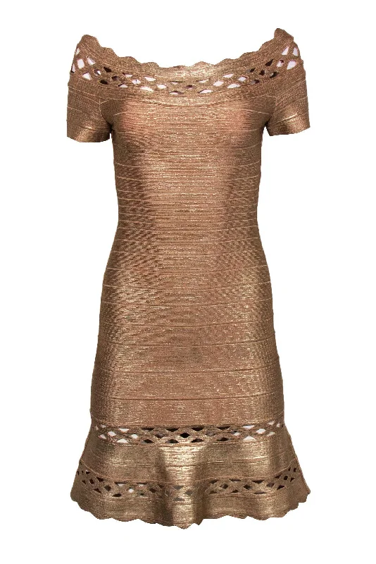 Herve Leger - Gold Bandage Bodycon Dress w/ Lattice Cutouts Sz L Simple Bodycon Gown