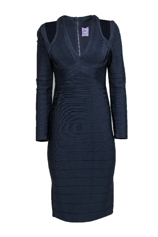 Herve Leger - Navy Long Sleeve Bodycon Bandage Dress w/ Cutouts Sz M Ruched Bodycon Dress