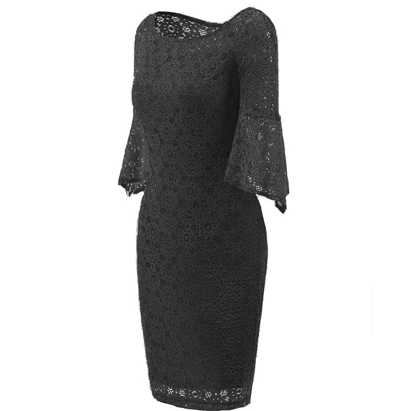 Hollow Out Plain Lace Bell Sleeve Bodycon Dress #Bodycon Dress #Black #Lace Dress Bold Bodycon Look