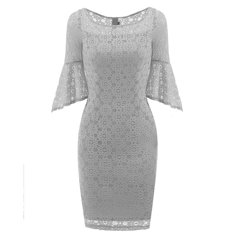 Hollow Out Plain Lace Bell Sleeve Bodycon Dress #Bodycon Dress #Grey #Lace Dress Plunging Bodycon Dress