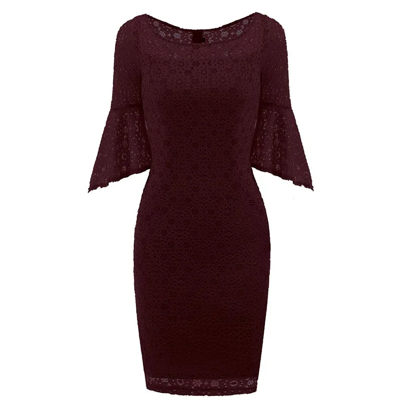 Hollow Out Plain Lace Bell Sleeve Bodycon Dress #Bodycon Dress #Red #Lace Dress Trendy Bodycon Gown