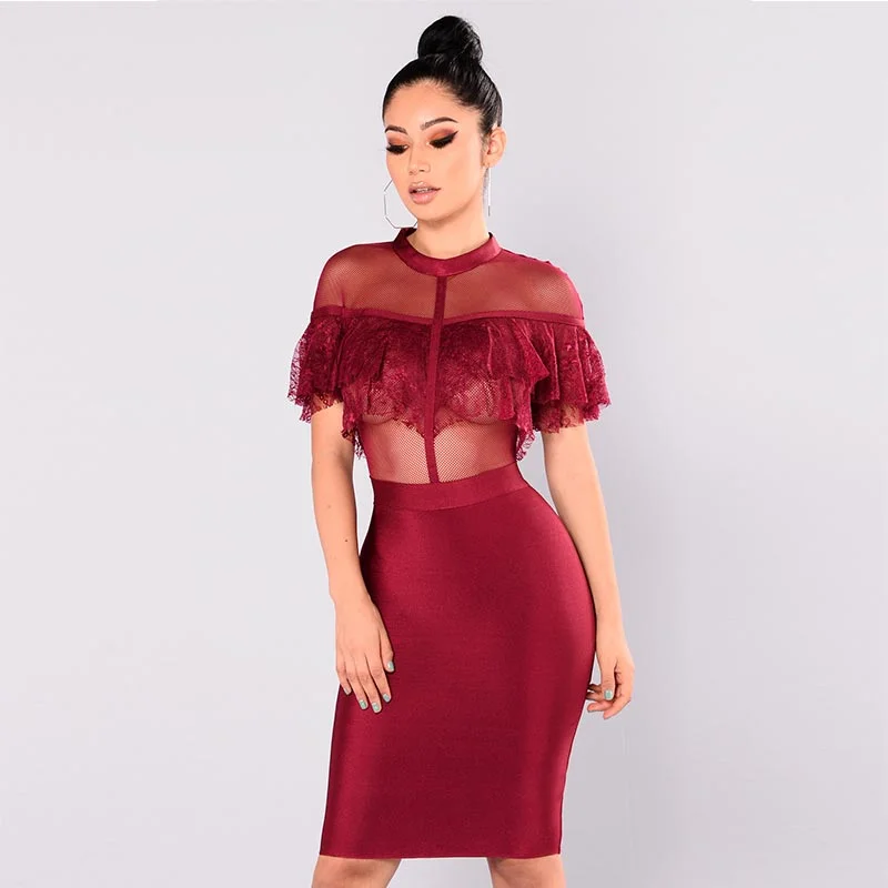 Kaye Lace Ruffle Dress #Bodycon Dress #Merlot Lace Back Bodycon