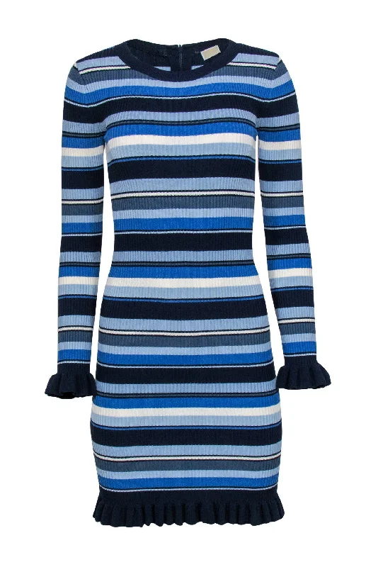 Michael Michael Kors - Blue Striped Ribbed Knit Bodycon Dress w/ Ruffle Trim Sz XXS Bodycon Dress Chic