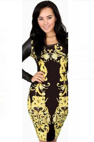 Retro Printed Long Sleeve Bodycon Dresses Velvet Bodycon Dress