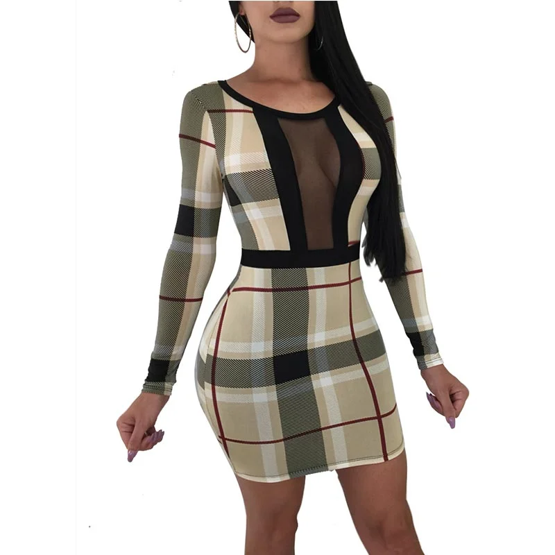 Sexy Checks Bodycon Dress With Long Sleeve Mesh Bodycon Gown