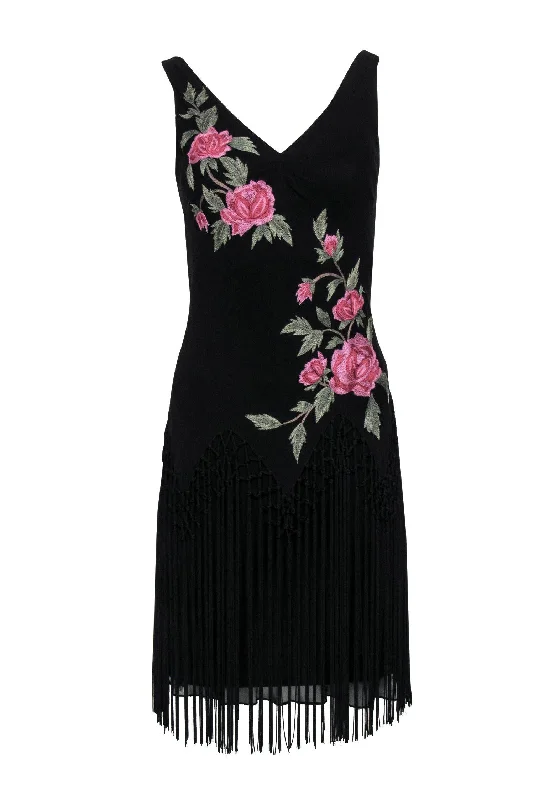 Sue Wong - Black Silk Floral Embroidered Bodycon w/ Fringe Sz 6 Bodycon Party Dress