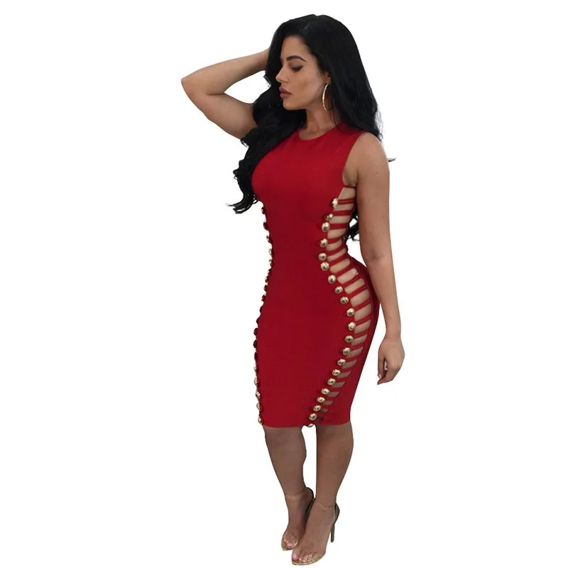 Women Fashion Sexy Bandage Tight Pencil Dress Red #Red #Sleeveless Figure-hugging Bodycon Dress