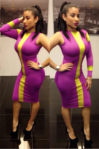 yellow/purple one sleeve Bodycon Dresses Off-shoulder Bodycon Dress