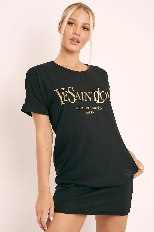 Black and Gold Parisian Slogan T-shirt Dress - Claire Printed Shirt Dress