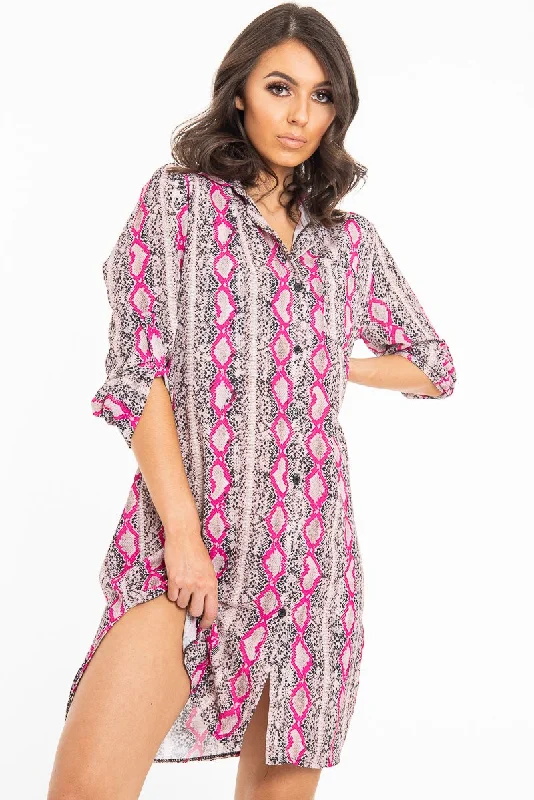 Fuchsia Snake Print Oversized Shirt Dress - Joselynn Short Shirt Dress