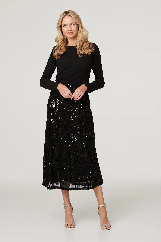 Sequin High Waist Semi Sheer Midi Skirt Elegant Midi Dress