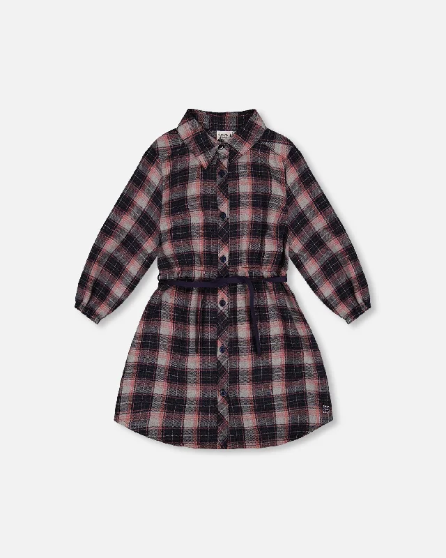 Shirt Flannel Dress With Belt Plaid Navy And Pink Trendy Shirt Dress