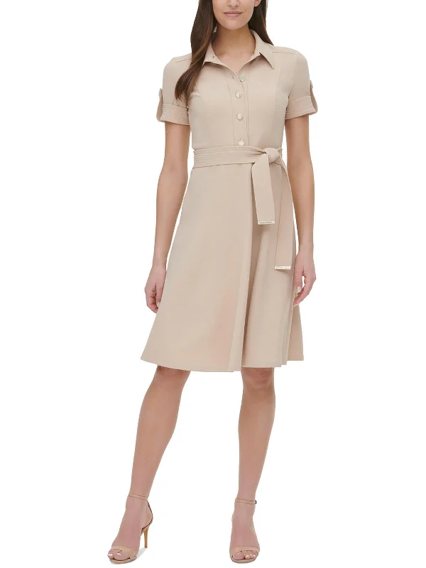 Womens Belted Collar Shirtdress Flared Shirt Dress