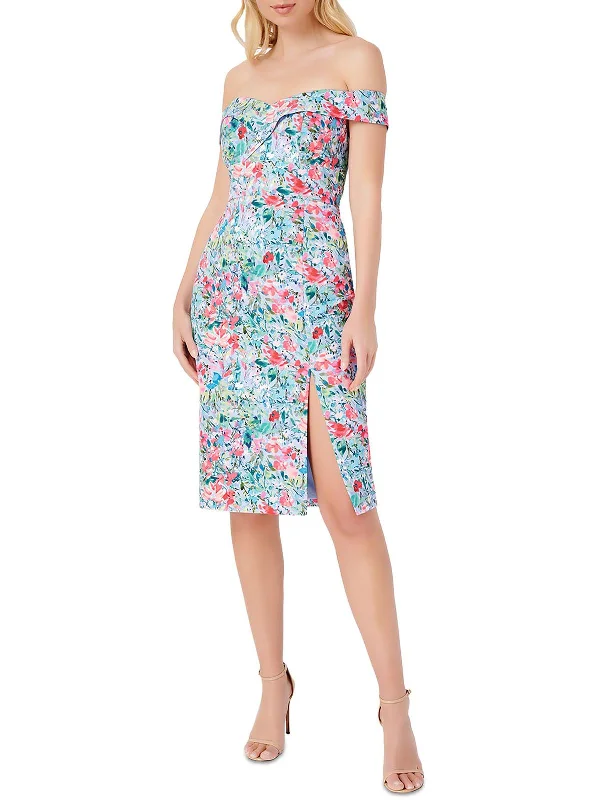 Womens Floral Midi Cocktail and Party Dress Lace Trim Midi