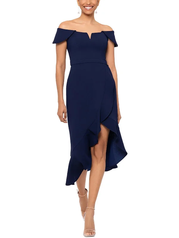 Womens Off-The-Shoulder Notch Midi Dress Structured Midi Skirt