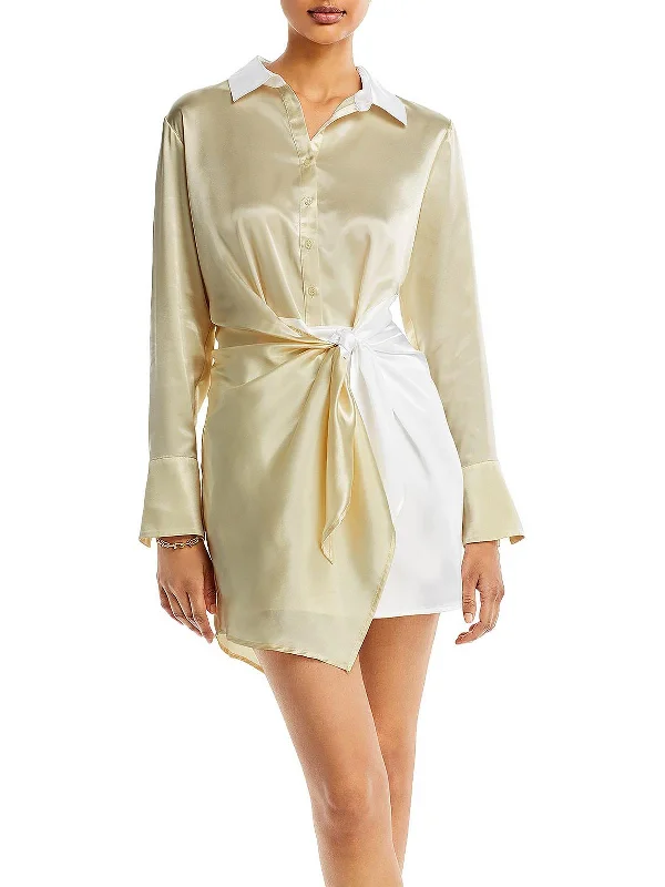 Womens Satin Above Knee Shirtdress Floral Shirt Dress