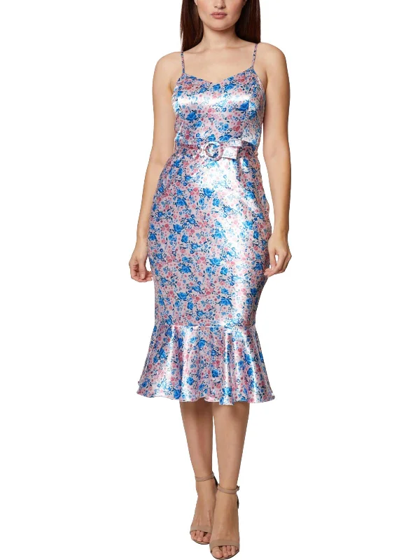 Womens Satin Midi Fit & Flare Dress Floral A-line Skirt